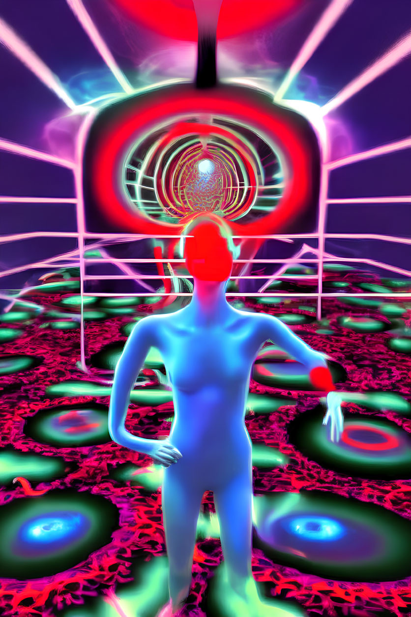 Neon-colored surreal digital art: Blue humanoid in abstract environment