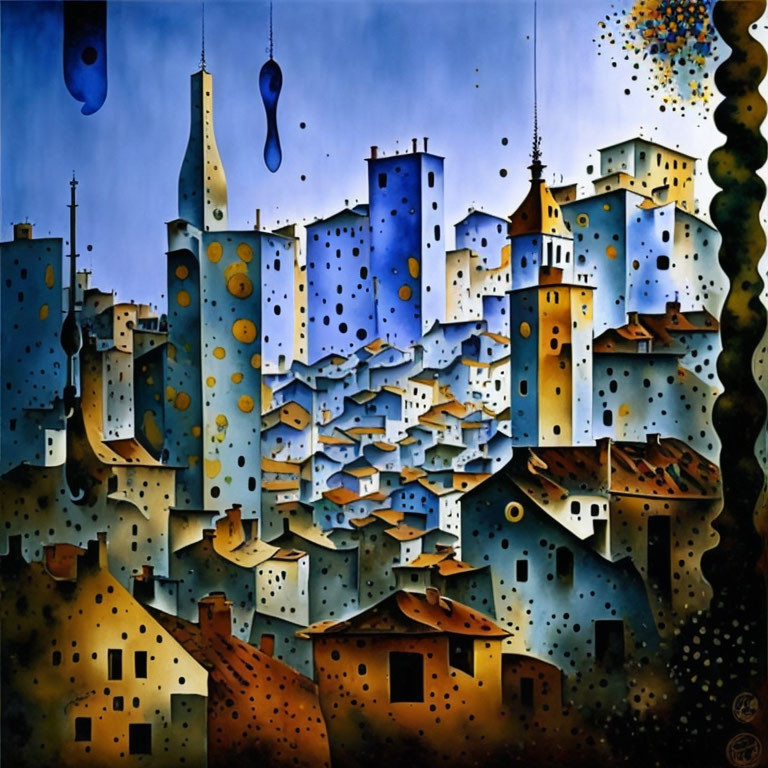 Whimsical cityscape painting with blue and yellow buildings