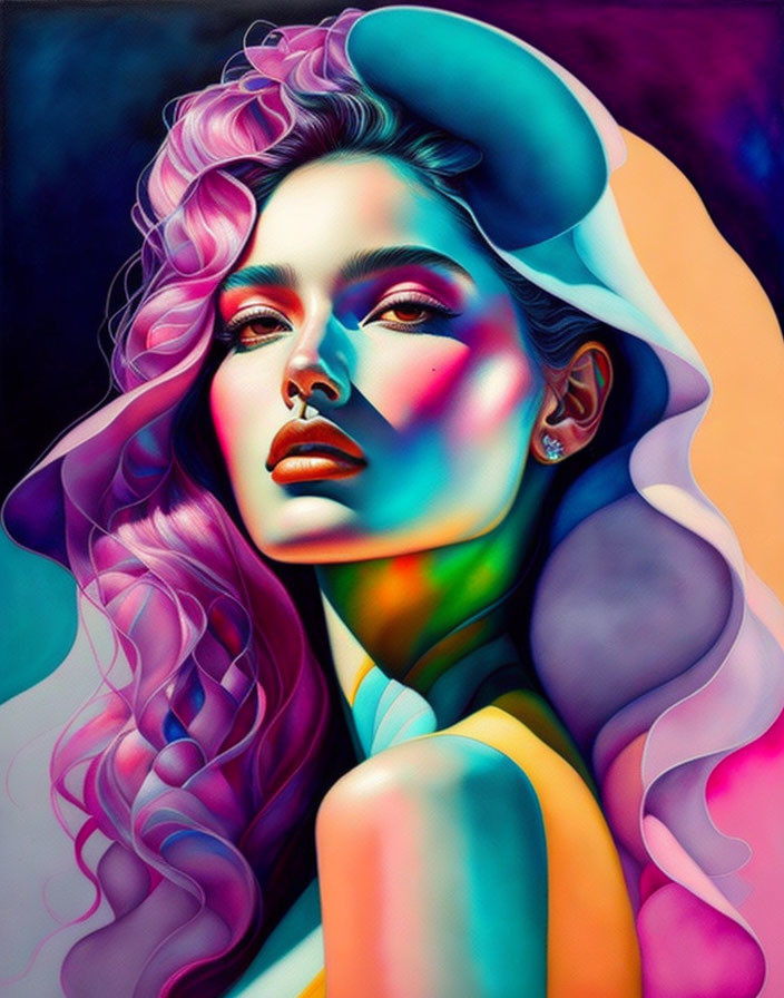 Vibrant digital portrait of a woman with colorful wavy hair & multicolored shades, ex