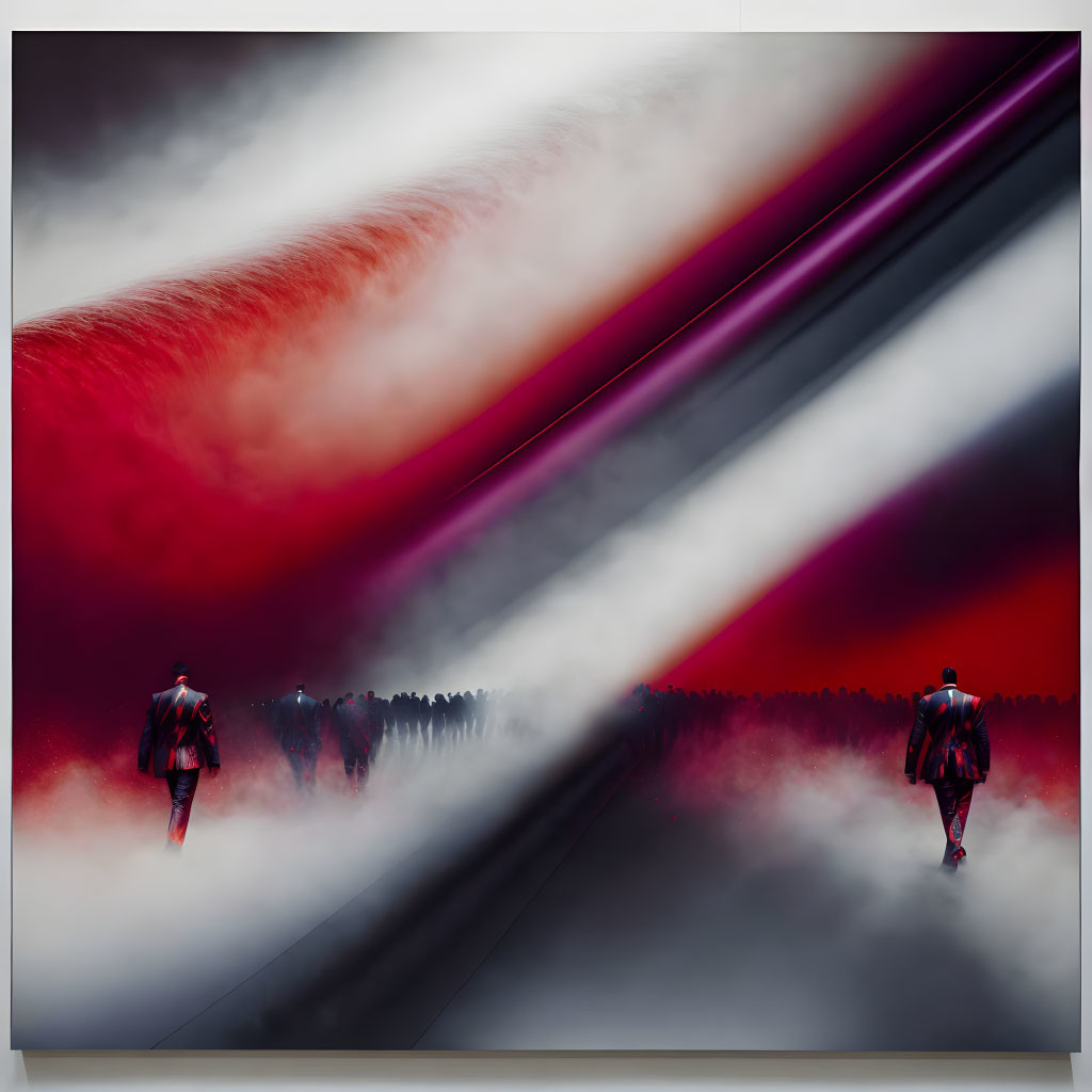 Colorful Abstract Art: Figure Walking in Red and White Mist