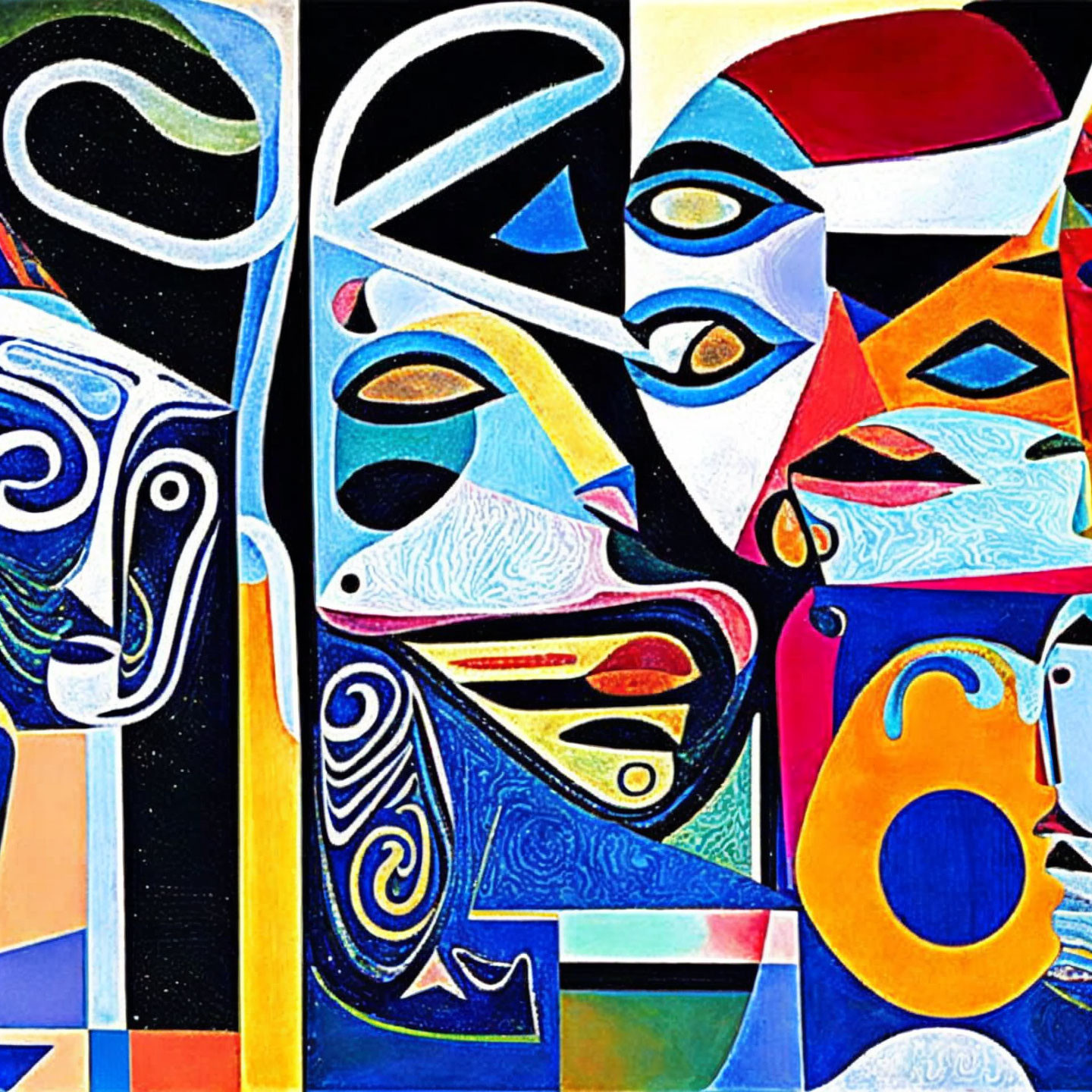 Colorful Abstract Cubist Painting with Bold Outlines & Swirling Patterns