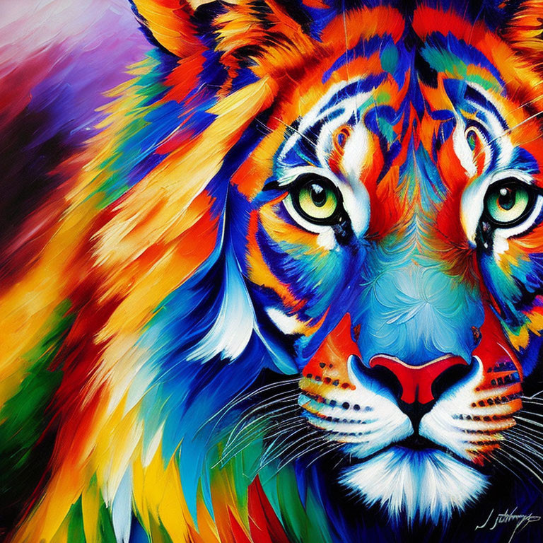 Colorful Tiger Face Painting with Expressive Eyes and Dynamic Tones