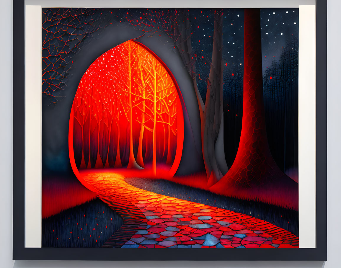 Vibrant digital artwork of fantastical path with illuminated red and orange trees at night