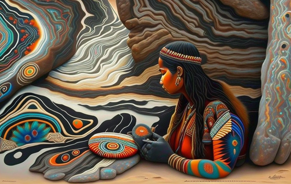 Vibrant painting of person in tribal attire with nature-inspired abstract patterns