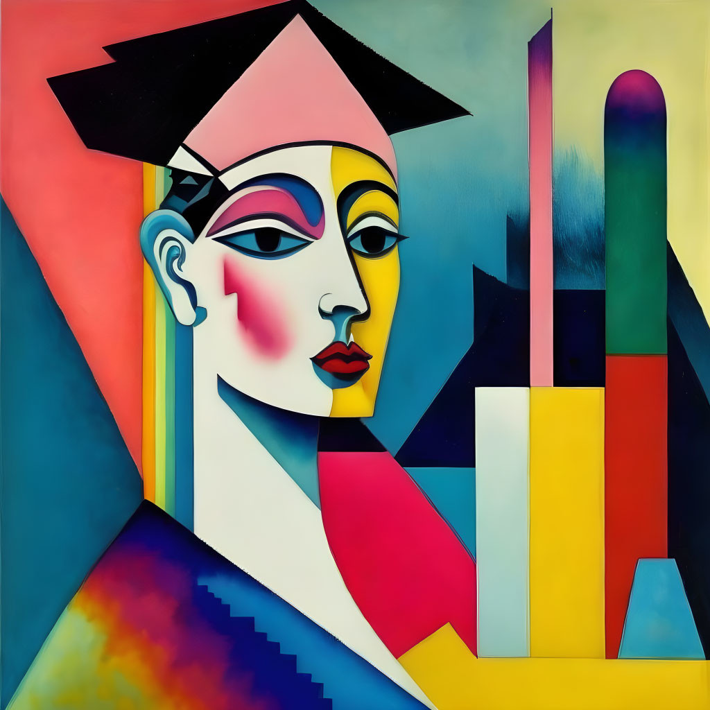 Vibrant Cubist Portrait of Stylized Female Face