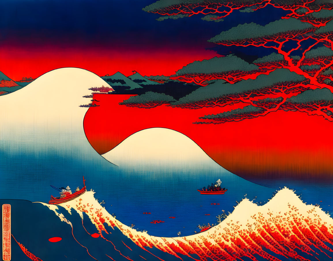 Illustration of red and blue wave forms with boats, water, and mountain landscape in Japanese style