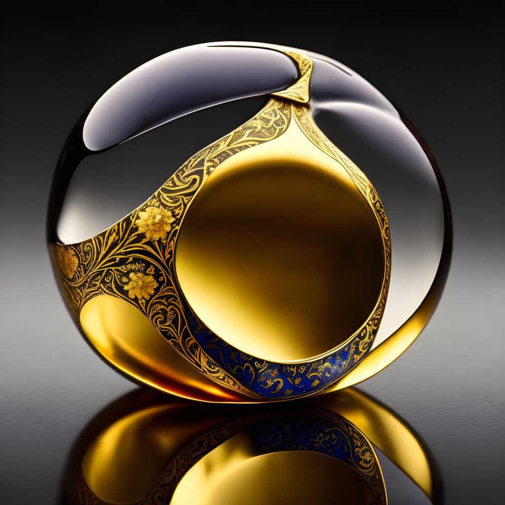 Glass paperweight with gold and blue detailing on glossy surface