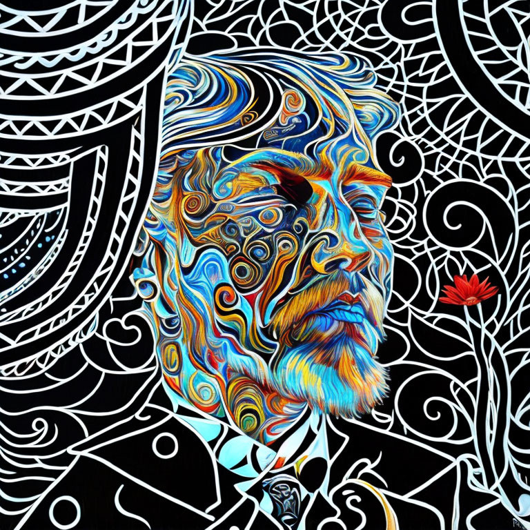 Man's Face with Starry Night Swirl Patterns on Skin Against Abstract Background