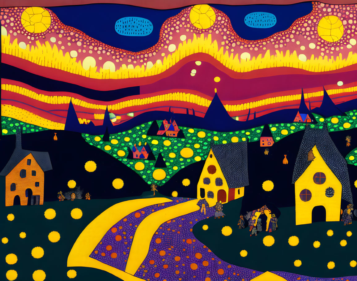 Colorful Stylized Landscape with Whimsical Houses and Starry Sky