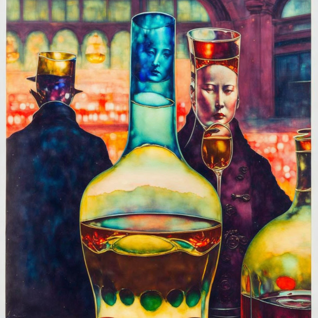 Vibrant painting of translucent bottles with a face, against architectural backdrop