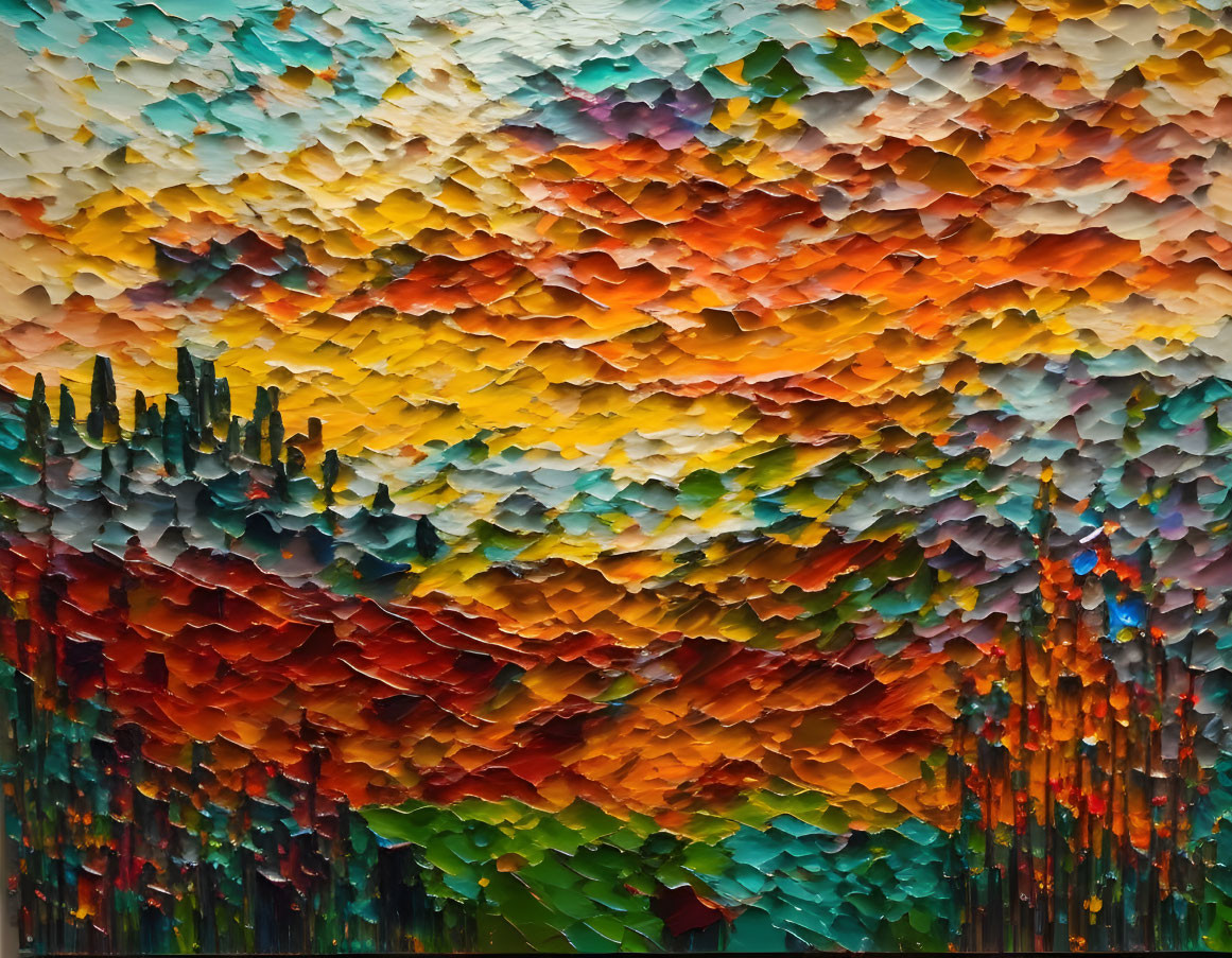 Colorful Abstract Painting with Textured Layers of Jagged Shapes in Gradient Tones