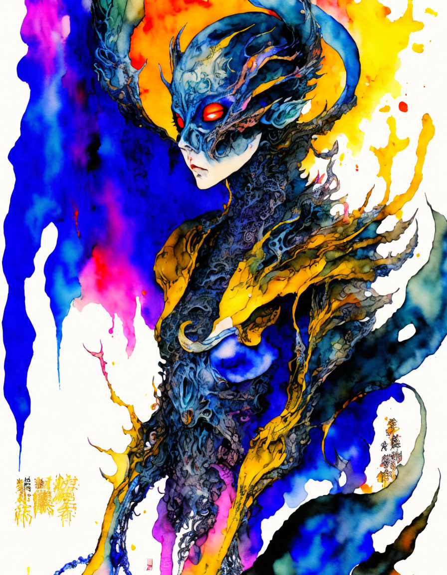 Colorful Watercolor Illustration of Fantastical Creature with Masked Face and Elaborate Head