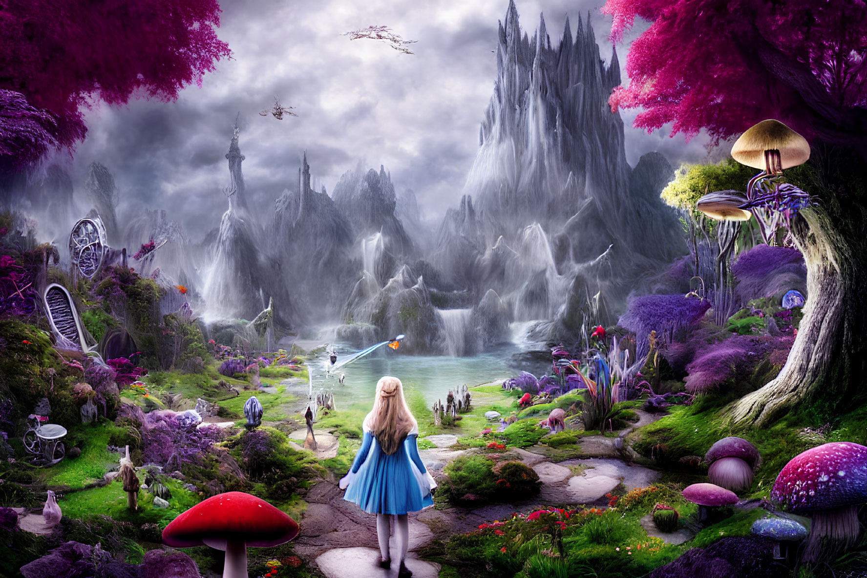 Vibrant flora, towering mountains, girl in blue dress in whimsical landscape