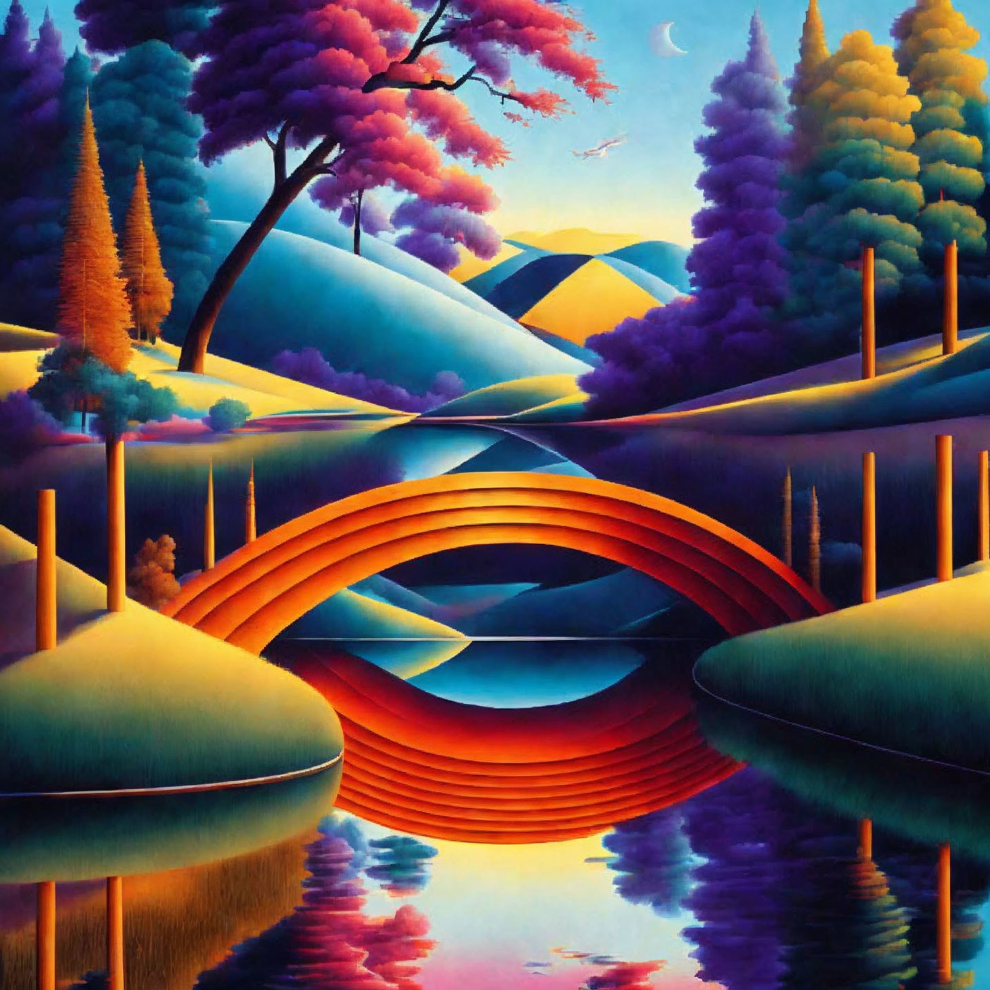 Colorful surreal landscape with red bridge, crescent moon, and reflective water