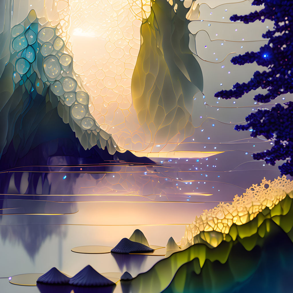 Digital Art Landscape: Sunset, Reflecting Water, Stylized Mountains