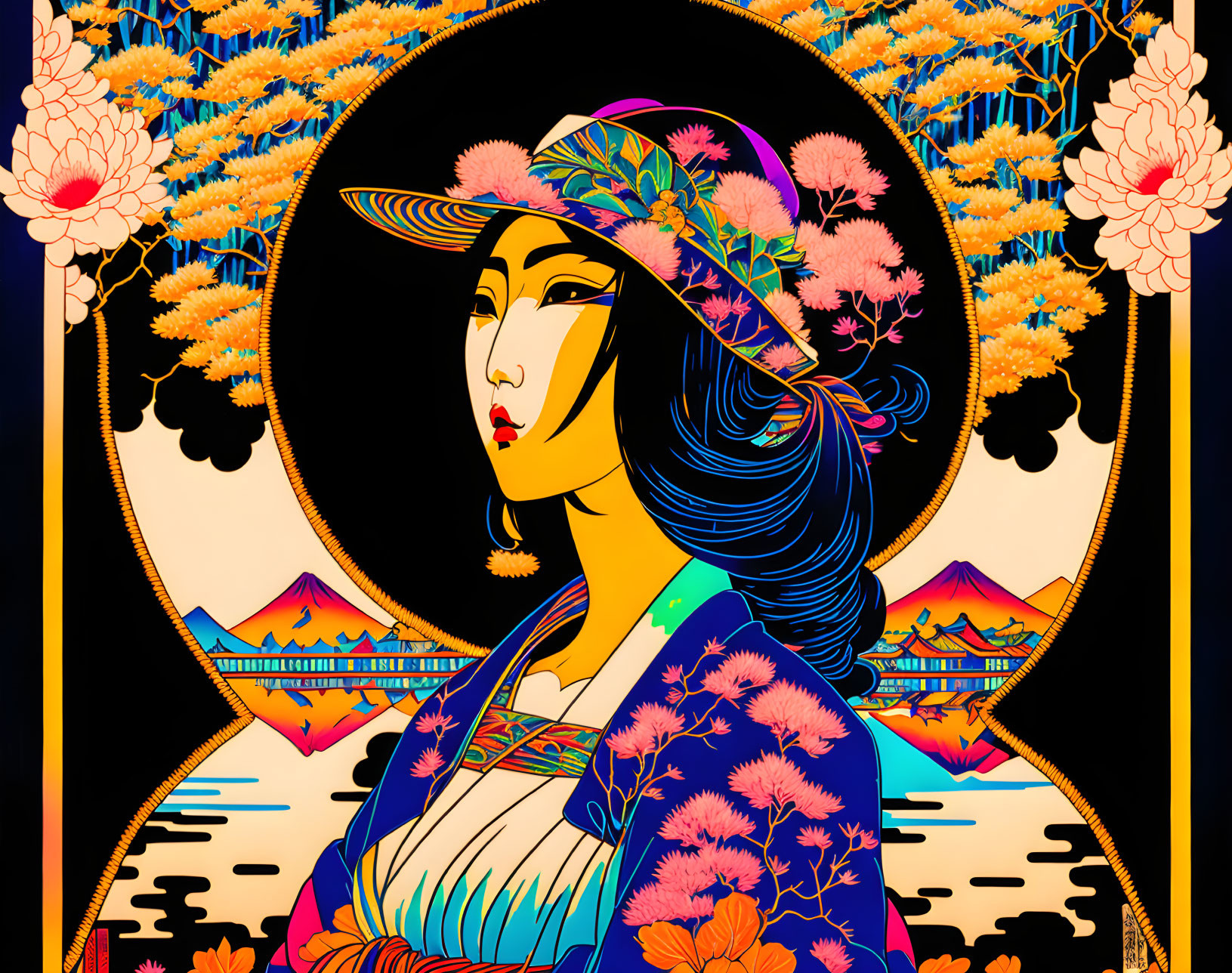 Colorful artwork of a woman in traditional attire with floral hat, mountains, water, and cherry bloss