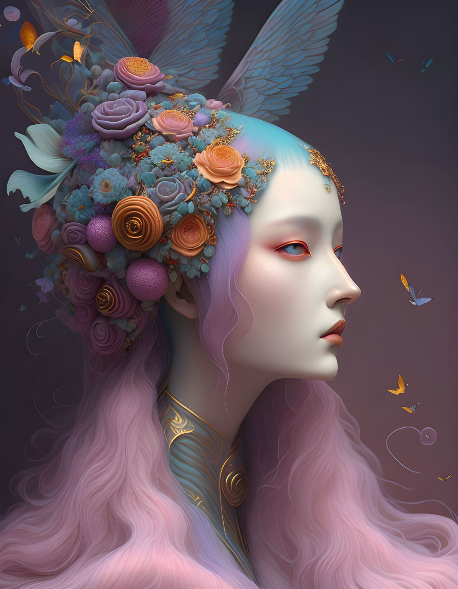 Surreal portrait of figure with pale skin, pink hair, butterfly headpiece, gold adornments