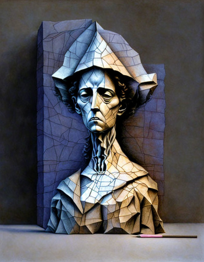 Three-dimensional fragmented sculpture of a saddened human figure in blue-gray palette with hat and pencil.