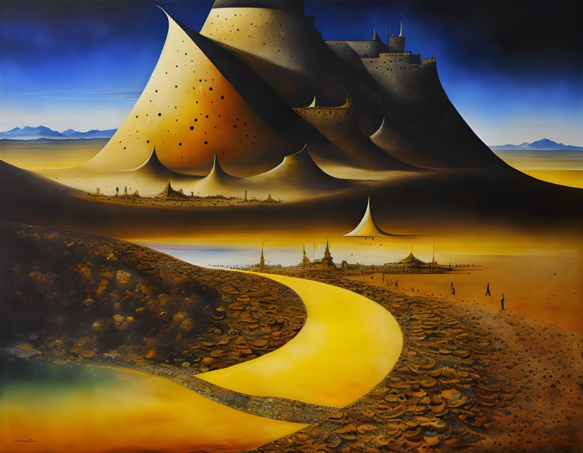 Surreal landscape painting with oversized sand dunes, castle, golden path, and tiny figures