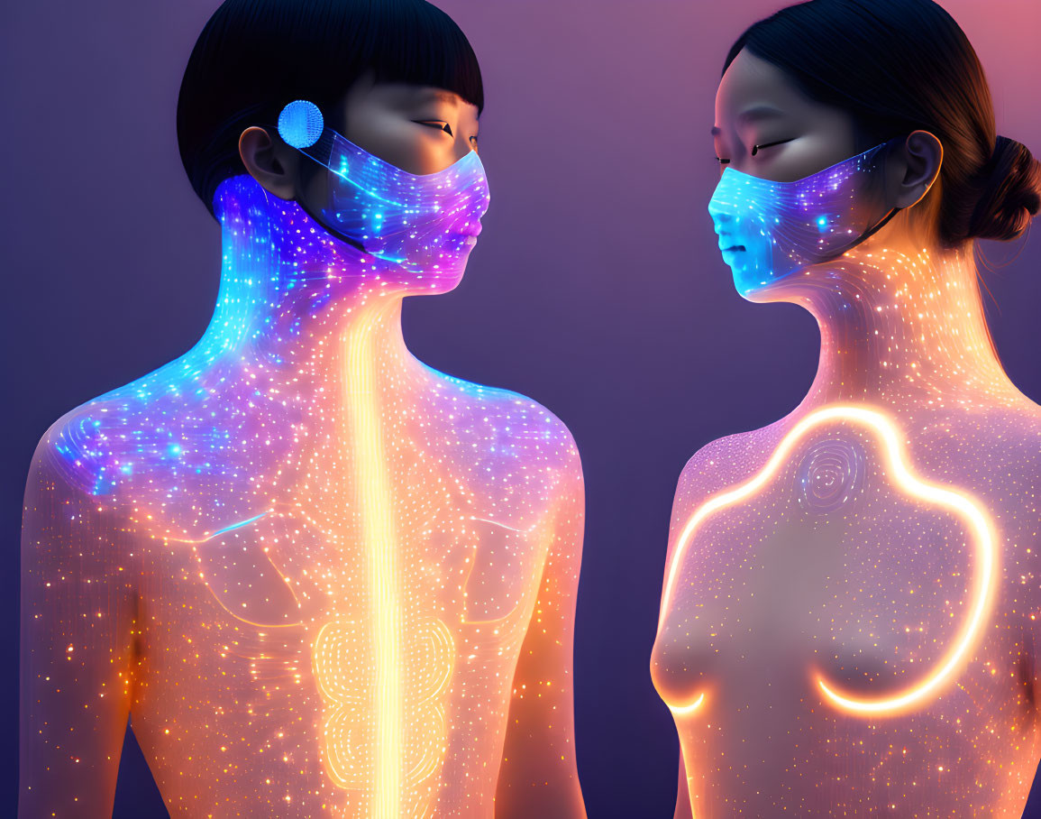 Illuminated body systems with glowing face masks in dark setting