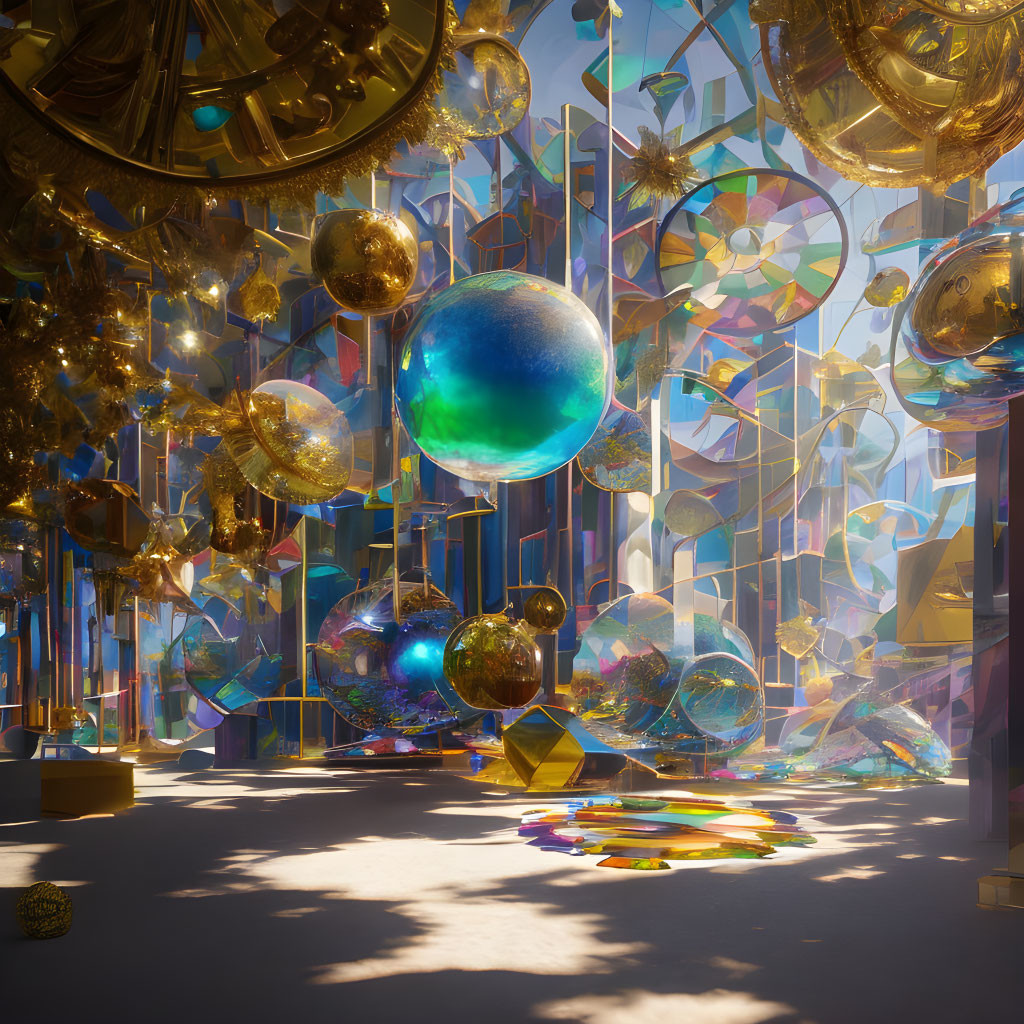 Fantastical Room with Reflective Surfaces and Colorful Crystals