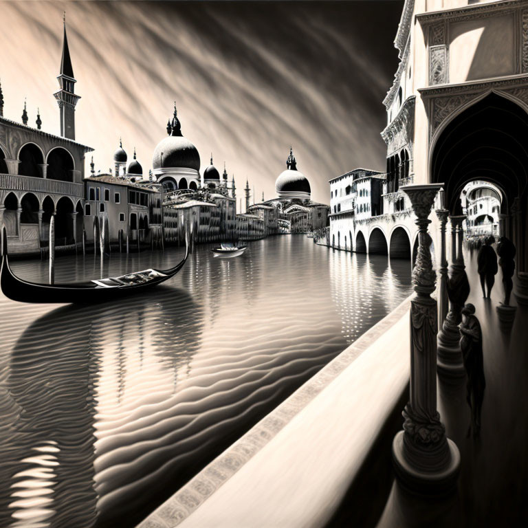 Sepia Tone Artistic Depiction of Venice with Gondolas and Architecture