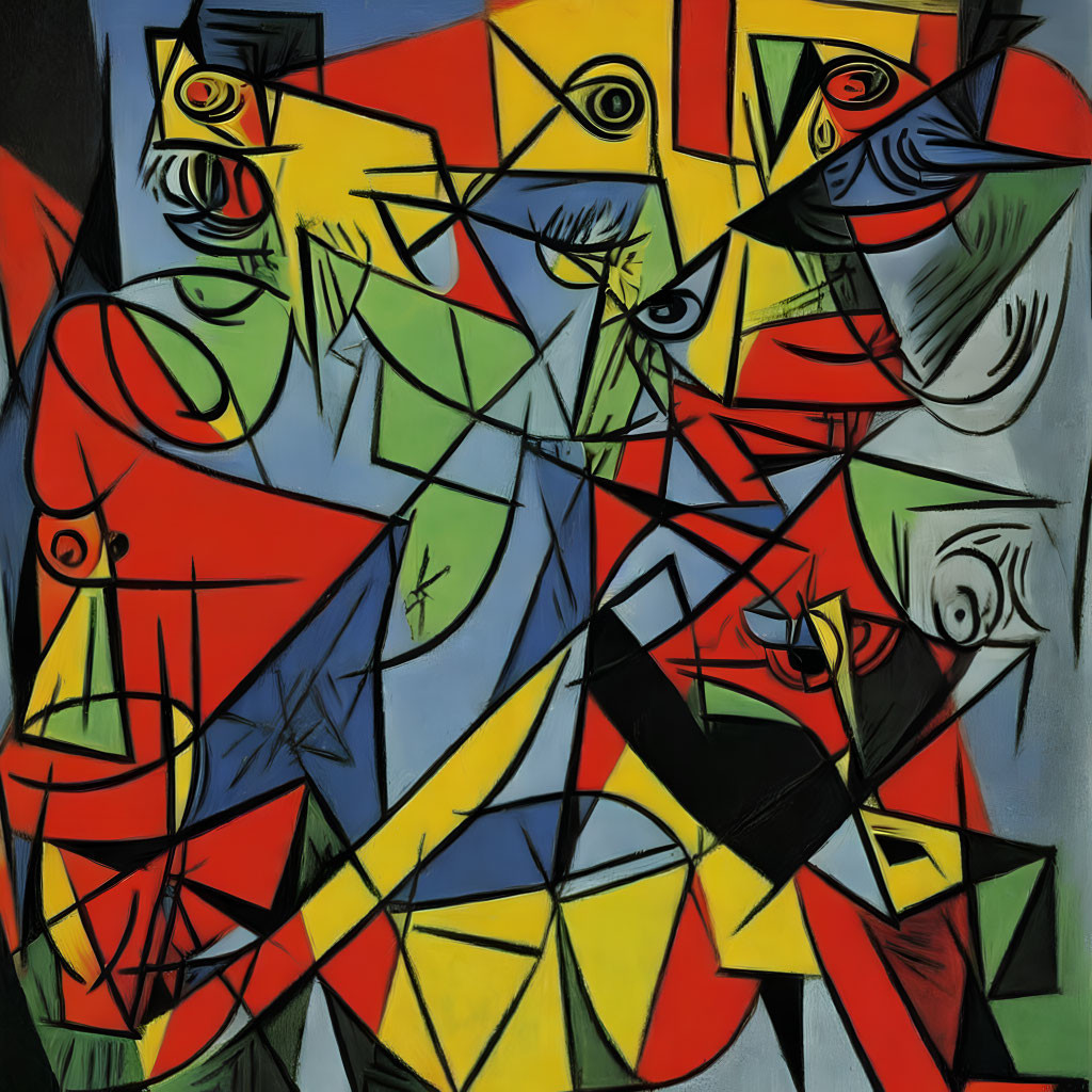 Geometric Abstract Cubist Painting in Red, Blue, Yellow, Black, and White