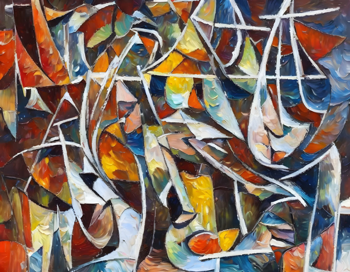 Vivid Abstract Oil Painting with Interlocking Shapes and Swirling Lines