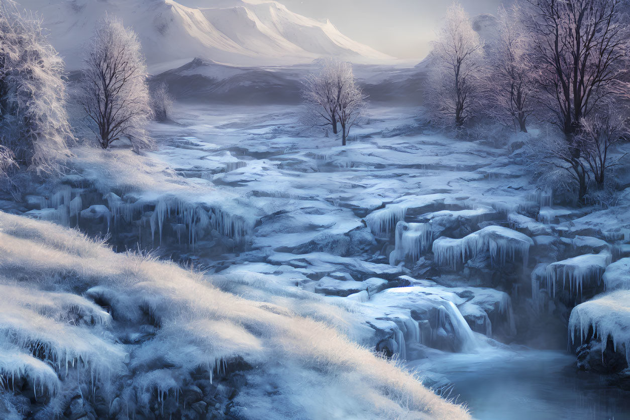 Frozen Stream and Snow-Covered Trees in Serene Winter Landscape