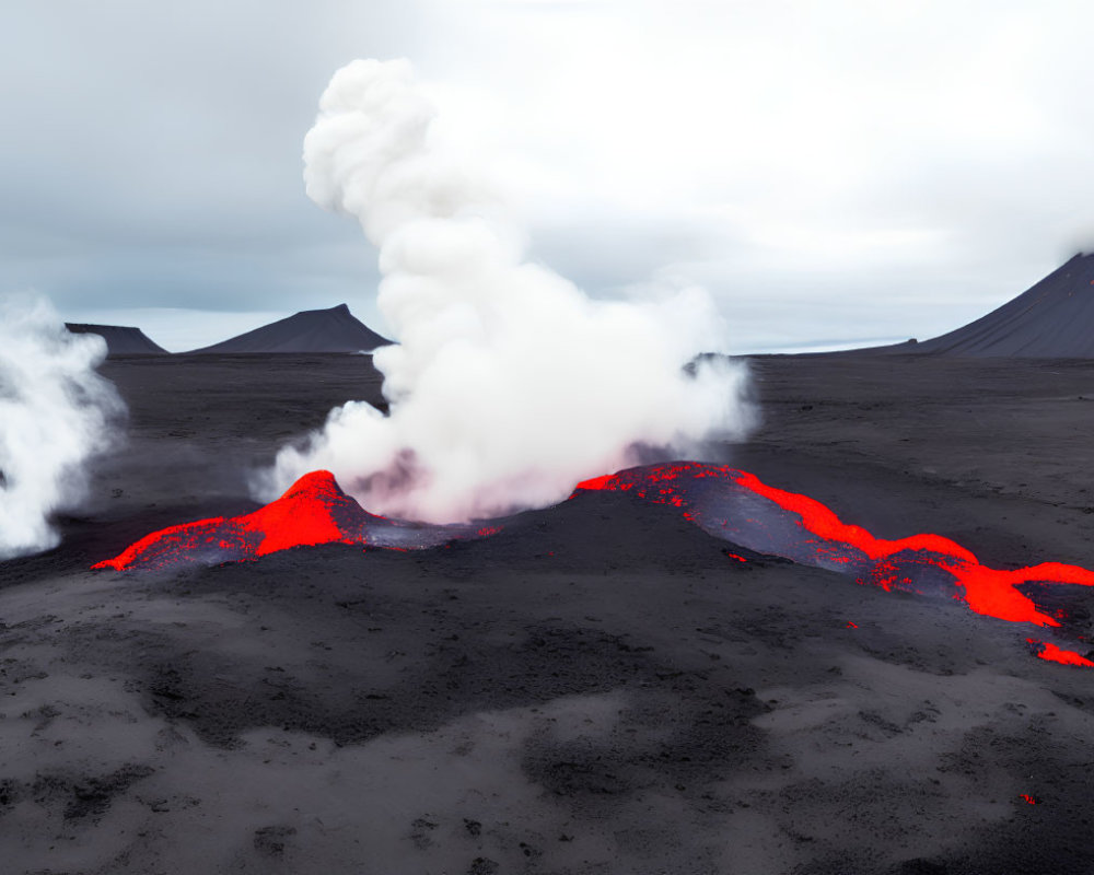 Volcanic eruption with molten lava, smoke, and dark volcanic cones under cloudy sky