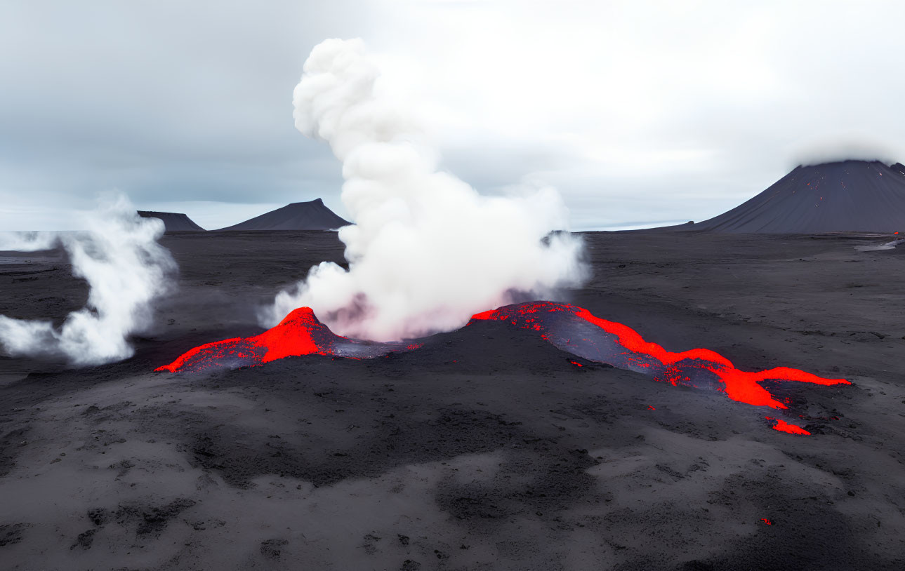 Volcanic eruption with molten lava, smoke, and dark volcanic cones under cloudy sky