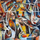 Vivid Abstract Oil Painting with Interlocking Shapes and Swirling Lines