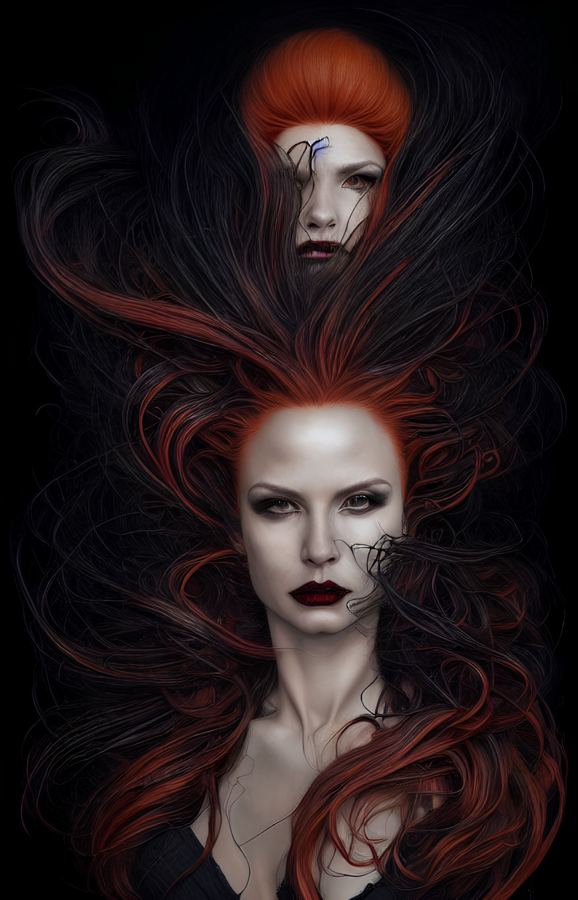 Women with flowing red hair and porcelain skin in serene and fierce expressions.