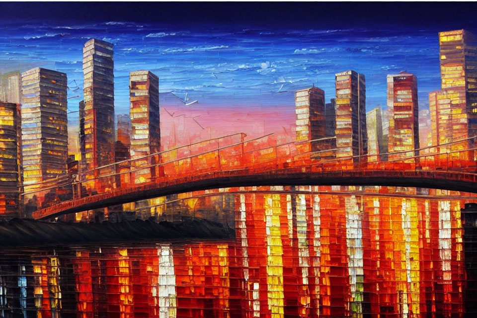 Colorful cityscape painting with skyscrapers and bridge at sunset