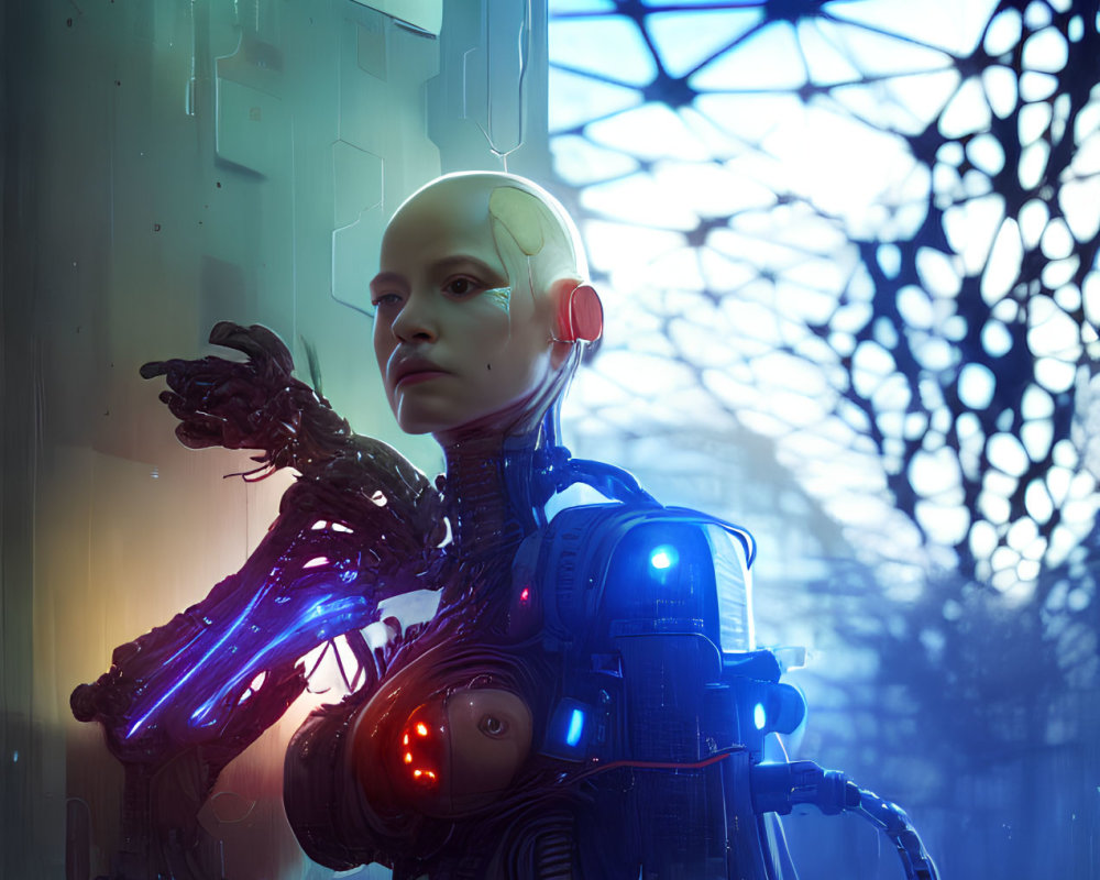 Pensive humanoid robot with exposed mechanical parts and glowing blue lights by geometric-patterned window