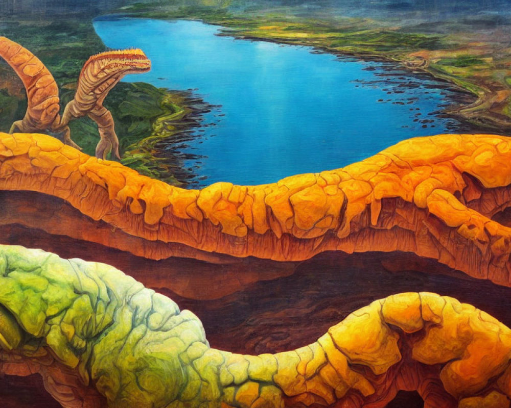 Colorful surreal landscape with dinosaur-like creatures and undulating landforms.