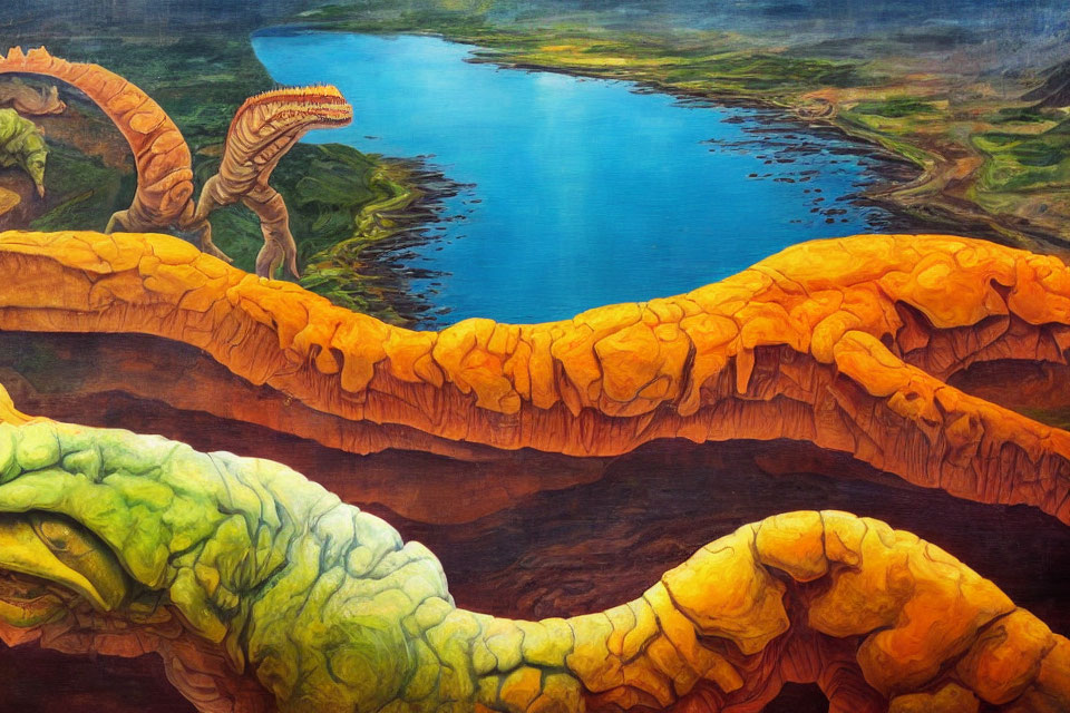 Colorful surreal landscape with dinosaur-like creatures and undulating landforms.