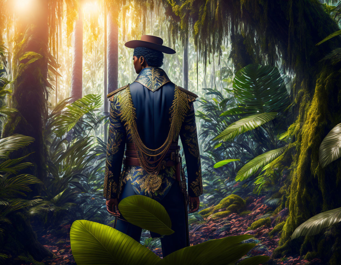 Person in Blue and Gold Military Uniform in Sunlit Jungle