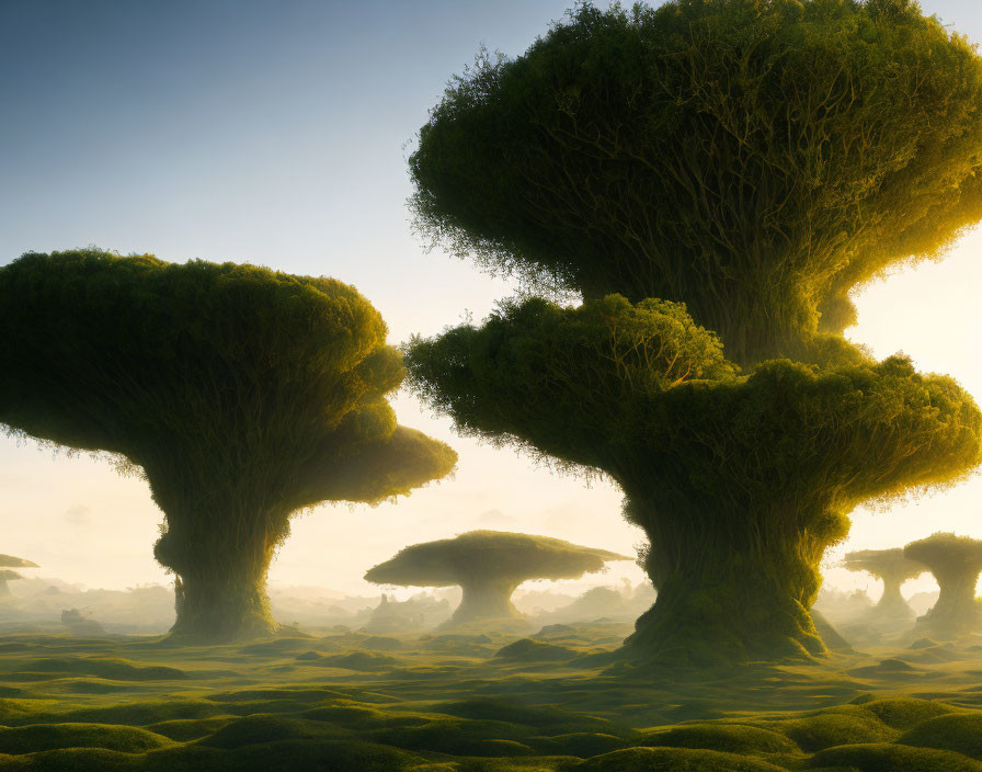 Surreal landscape with oversized mushroom-shaped trees at sunrise