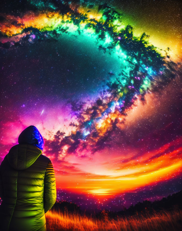 Person in Jacket Observing Vibrant Surreal Sky Blend of Galaxy and Sunset