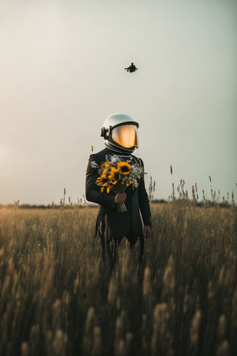 Astronaut figure with sunflower bouquet in field under sky