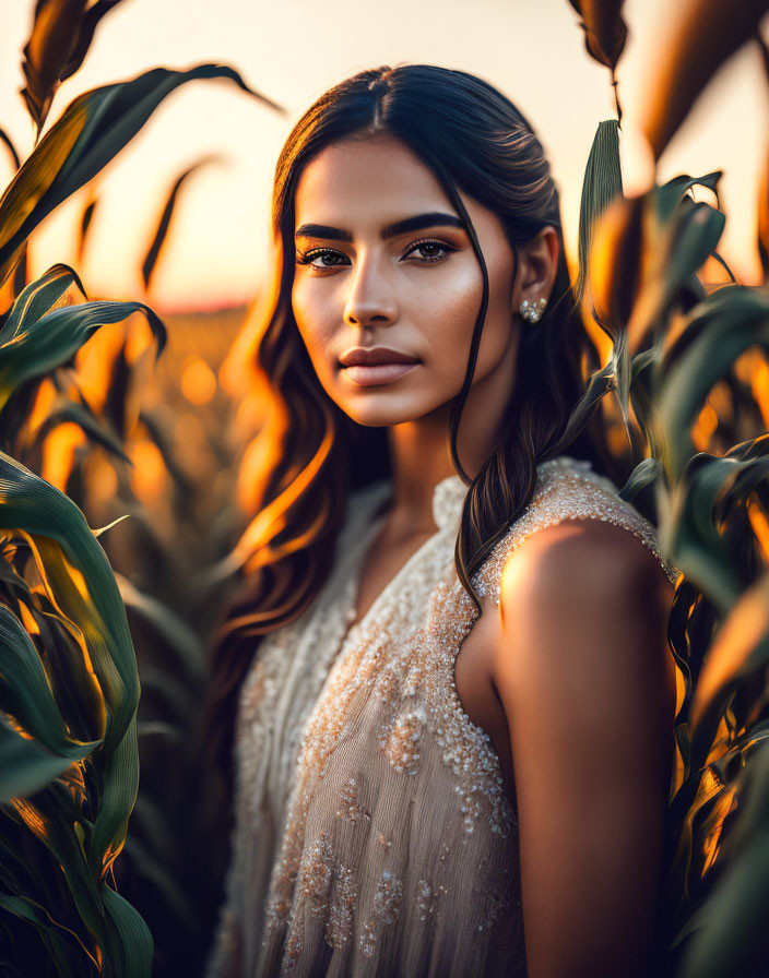 Dark-haired woman in sequined dress amidst cornstalks at sunset.