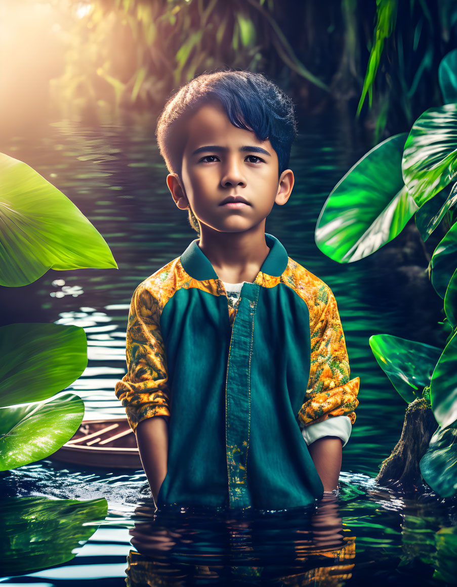 Young boy in traditional clothing standing in water among lush greenery with sunlight filtering through foliage