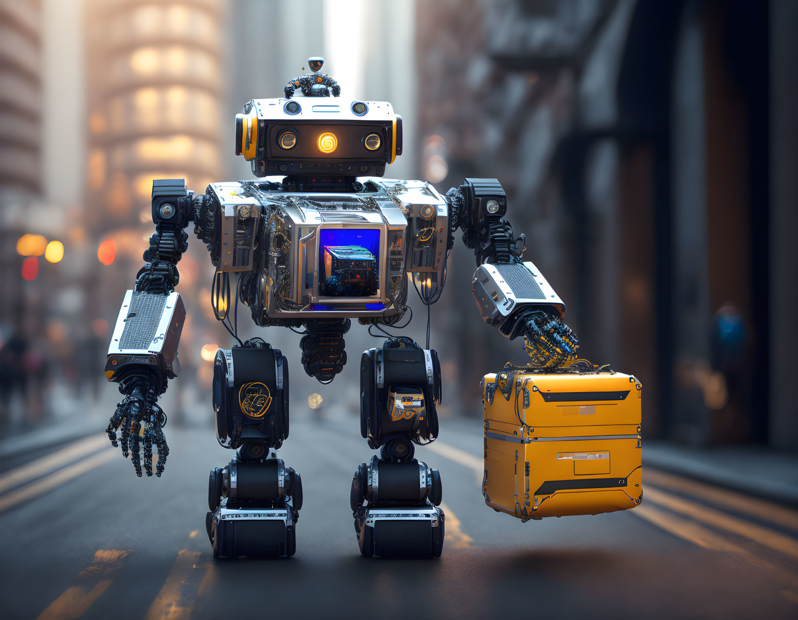 Futuristic humanoid robot with yellow suitcase in urban street at dusk