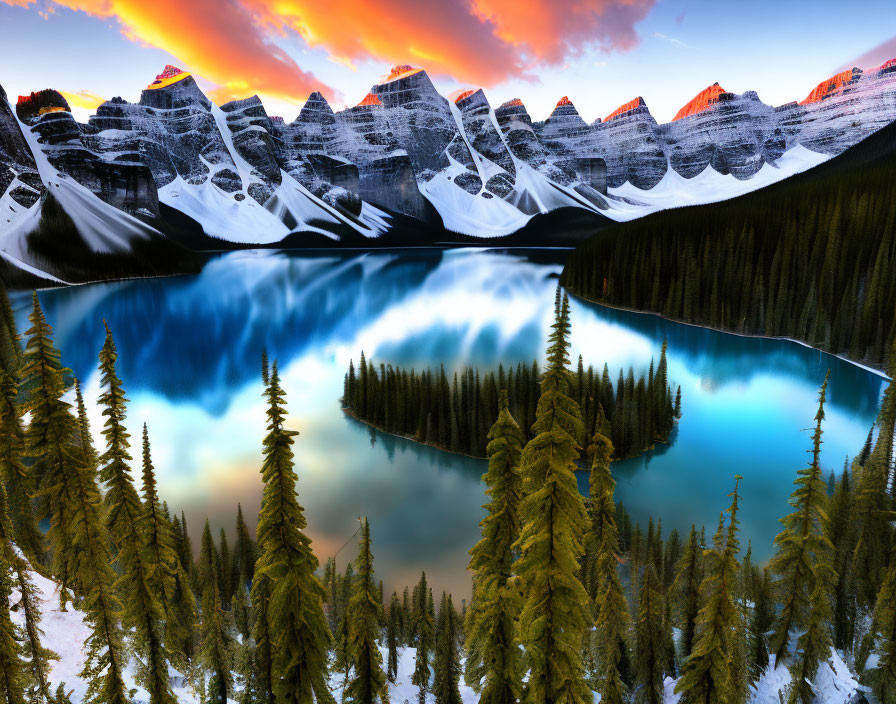 Vibrant turquoise lake, pine forests, snow-capped mountains at fiery sunset