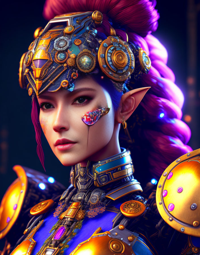 Vibrant pink-haired character in golden armor with blue accents