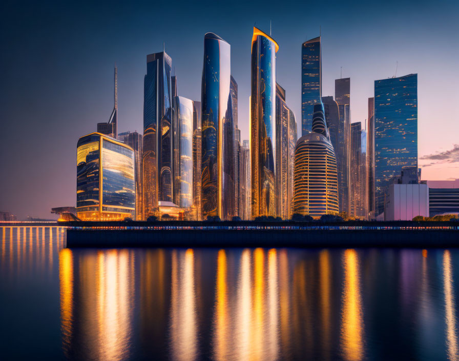 Cityscape of reflective skyscrapers at twilight by water's edge