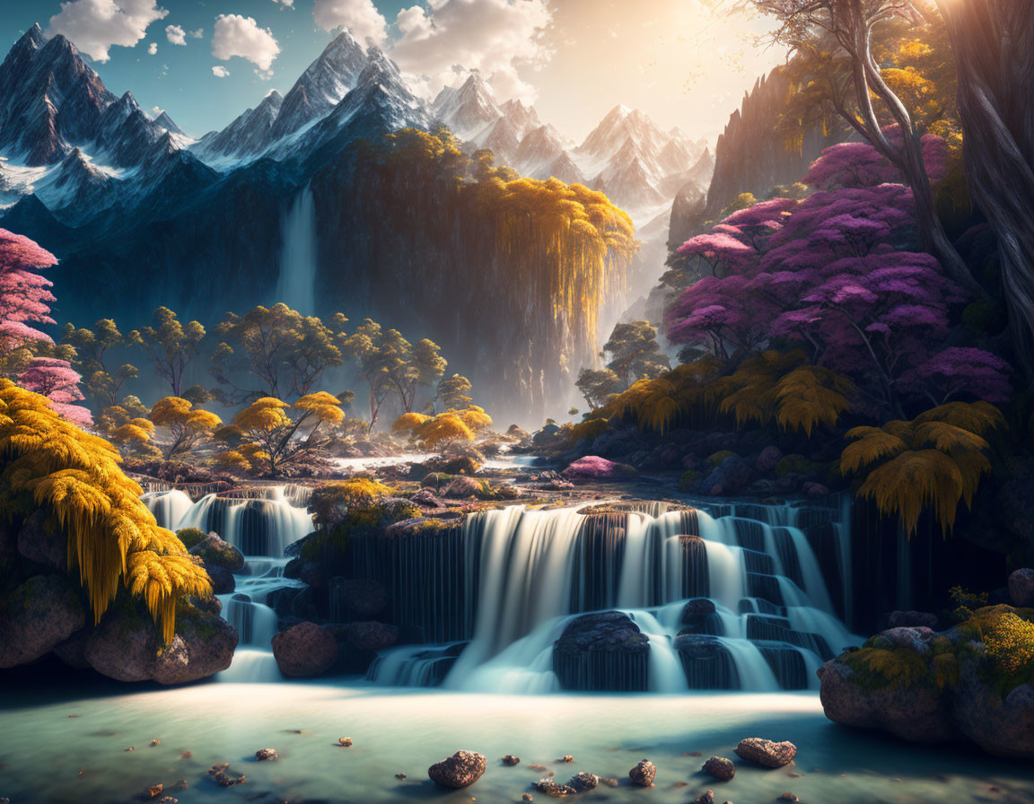 Tranquil fantasy landscape with waterfalls, colorful foliage, blue river, and snow-capped mountains