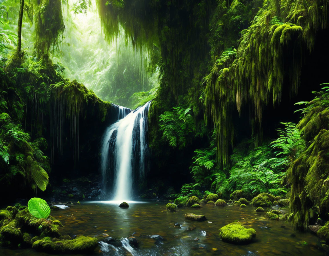 Serene waterfall in lush green rainforest