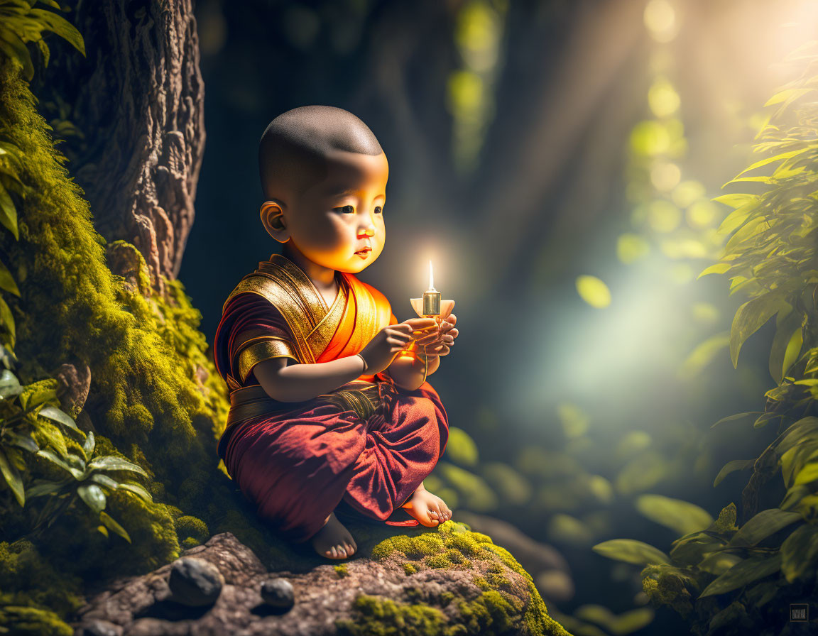 Young monk meditating in forest with candle and sunlight